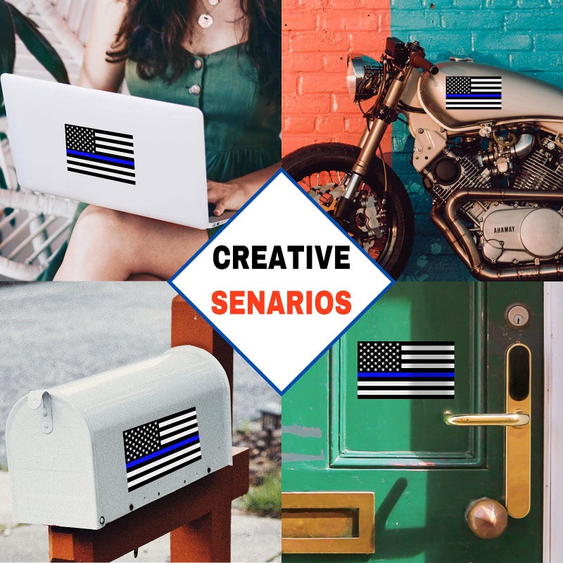 Creatrill حزم ملصقات علم الولايات المتحدة العاكسة مع الخط الأزرق الرفيع للسيارات والشاحنات، ملصق علم أمريكي بحجم 5 × 3 بوصة يكرم الشرطة وإنفاذ القانون، شريط لاصق من الفينيل للنوافذ والصدادات (5 حزم) - Image 4